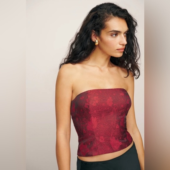 NWT Reformation Giorgia Tube Top Red Floral Jacquard in size 12 - Picture 6 of 7